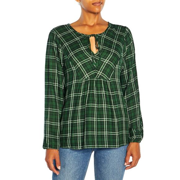 Three Dots NWT Mason Brick Red Black Plaid Babydoll Blouse Top SZ L - Picture 3 of 10